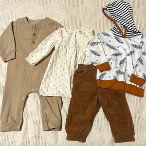 Neutral Color Girl lot 9-12 months. Dress, Hoodie, Corduroy Pants, Onsie